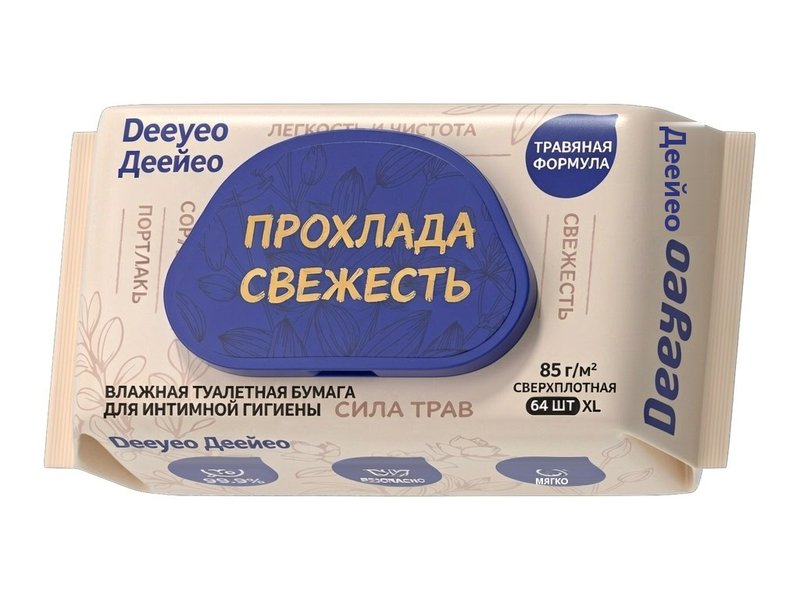 Влажные туалетные салфетки Deeyeo с растительными экстрактами, 64 шт., XL