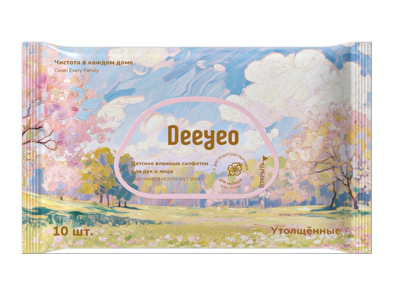 Детские влажные салфетки Deeyeo для рук и рта с экстрактом персиковых листьев, 10 шт.